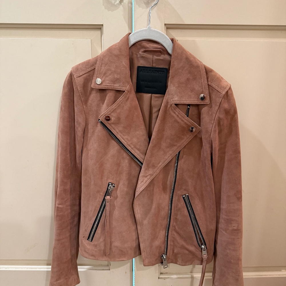 All Saints Dalby Biker Suede Moto Jacket in Rose Pink
